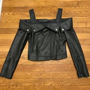 BCBG Black Napa Leather Off-the-shoulder Moto Top
